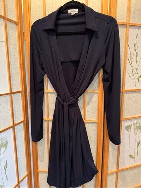 Calvin Klein Deep Navy Long-Sleeve Wrap Dress with Tie
